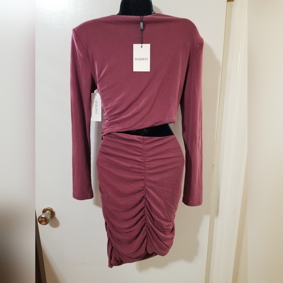 Bardot Ruched Cutout Mini Dress Long Sleeve Rosewood Size 6 - Picture 3 of 11
